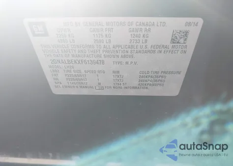 2015 Chevrolet Equinox 1Lt z USA, uszkodzony, nr VIN 2GNALBEKXF6139478